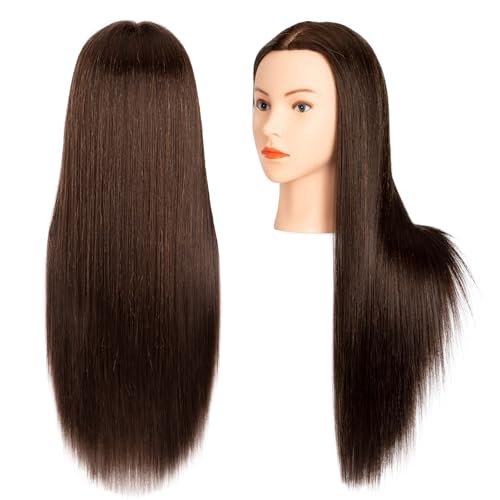 Mannequin Head with 80% Human Hair,26"-28" Cosmetology Human Hair Mannequin Head Hairdressers Practice Doll Head for Hair stly with Free Clamp Holder (#4 Dark Brown)