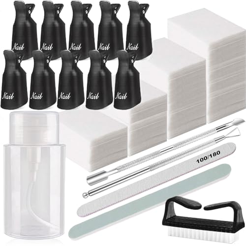 Nail Polish Gel Remover Tools Kit, Soak Off Cap Clip 10pcs, Dispenser Bottle, 600PCS Cotton Pads Handle Brushes Finger Separators(Black-Set)