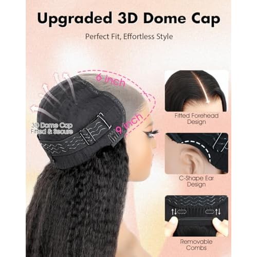 BGM GIRL 9x6 M Cap Glueless Kinky Straight Wig Human Hair Pre Bleached Knots Pre Cut HD Lace 180% Density Natural Black Wear Go Wig for Women Pre Plucked Invisible Lace 18 Inch