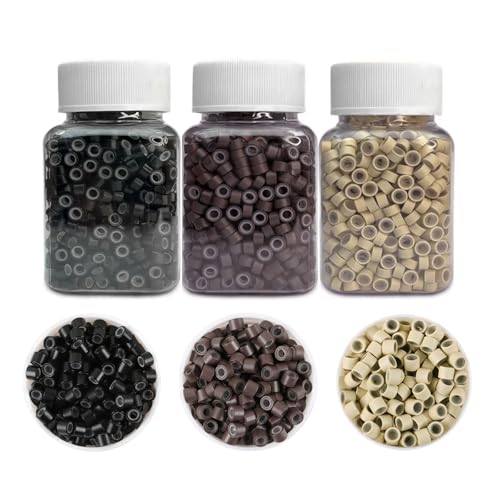 1500Pcs Silicone Beads for Hair Extensions, 3Colors 5mm Silicone Lined Beads Microlink Rings Hair Extensions Tool (Brown-Black-Blonde)