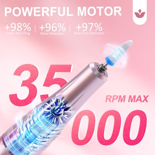 Professional Electric Nail Drill LEDSUUEI: 35000RPM Powerful Electric Nail File Portable Nail Drill with 13 Drill Bits Rechargeable Efile for Acrylic Gel Nails Removing Manicure Pedicure Salon
