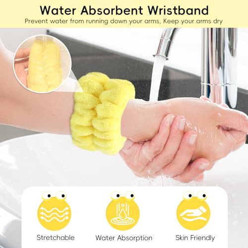 Face Wash Headband, Skincare Wrist Bands For Washing Face Set Spa Hair Bands come with a Hair Scrunchie, Cute Yellow snail tentacle Elastic Headband, For Face Washing Makeup Skincare (Yellow)