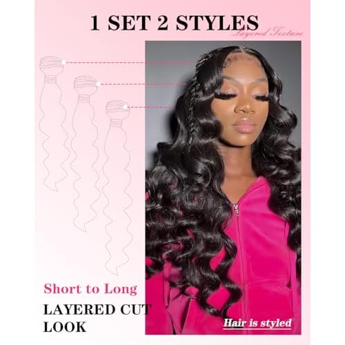 Loose Wave Bundles Human Hair with 5x5 Closure, (14 16 18+12) 12A 100% Real Human Hair Loose Deep Wave Bundles with Closure 5x5 Natural Color Unprocessed Brazilian Virgin Human Hair Extension