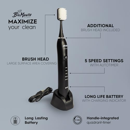 Dr Bobbi Big Mouth Electric Toothbrush for Adults | Ultrasonic Rechargeable Tooth Brush with 5 Cleaning Modes & 2-Minute Smart Timer | Extra Electric Toothbrush Heads Included | Black