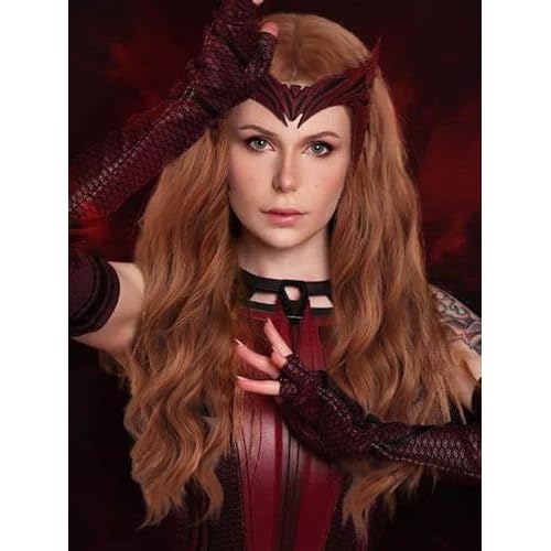 GNIMEGIL 25¡° Long Red Brown Scarlet Witch Cosplay Wigs for Women Heat Resistant Fiber Middle Part Wig Curly Wavy Wigs Natural Synthetic Fiber Wig Drag Queen Party