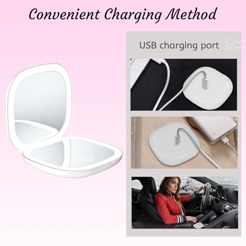 Compact LED Travel Makeup Mirror, Rechargeable Double Sided 1X/10X Magnifying Mirror, 3 Color Lighting, Dimmable Touch Screen, Foldable Lighting Mirror with USB Data Cable White