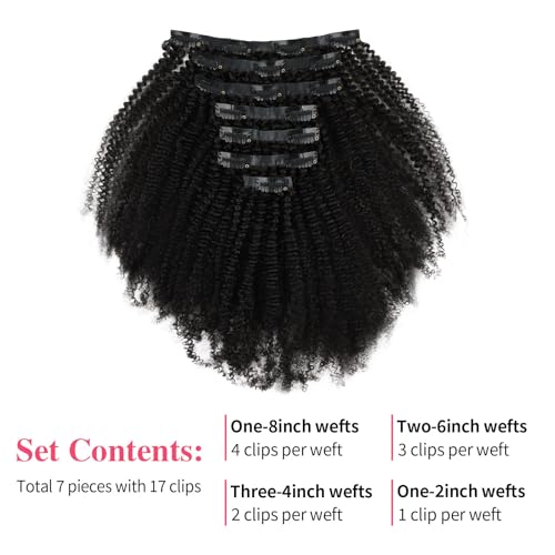 Sassina Remy Human Hair Clip in Extensions Afro Seamless Invisible Double Weft Human Hair Extensions Full Head Natural Black Curly 22 Inch 120g PU Clip in Brazilian Virgin Human Hair 7PCS