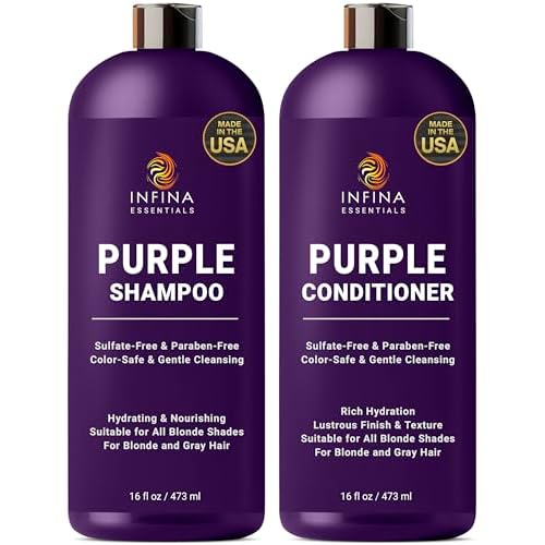 Purple Shampoo and Conditioner Set - Sulfate Free, Enriched with Coconut Oil & Aloe Vera, Ideal for Blonde, Gray, Brassy & Color Treated Hair, Nourishes & Hydrates - 16 fl oz each