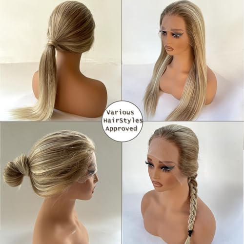Balayage Ash Blonde Wig Human Hair Lace Front Wigs 28 Inch Ash Brown Balayage Ash Blonde Highlights Human Hair Glueless Wigs Pre Plucked HD 13x4 Lace Frontal Human Hair Wigs for Women 180% Density