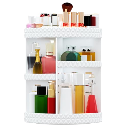 360 Rotating Makeup Organizer, DIY Adjustable Makeup Carousel Spinning Holder Storage Rack, Large Capacity Vanity Organizer Skincare Organizers (White)
