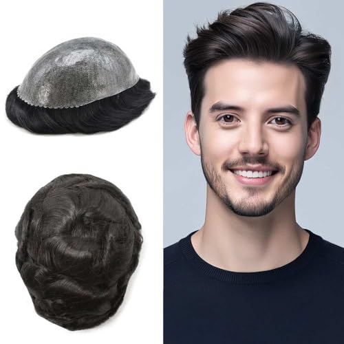 RESHE Toupee For Men Hair Pieces Real Human Hair Mens Toupee Hair Replacement System Poly Skin Hair Piece For Men 0.12mm Grey Ash Blond Black Brown Protesis Capilar Para Hombre8x10-1B# OFF BLACK
