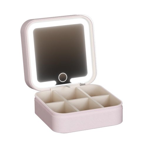 KEMISSY Small Travel LED Makeup Mirror Case Cosmetic Train Case Makeup Organizerwith 3 Adjustable Color Light Settings for Women (Pink)