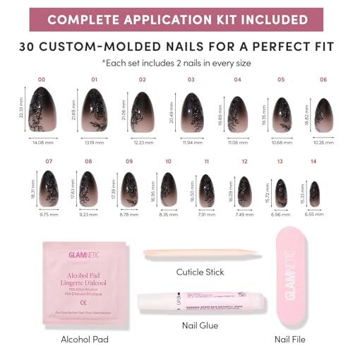 Glamnetic Press On Nails - 'Til Death | Ombre 3D Lace Medium Almond Fake Nails with Glossy Finish, Salon Quality Halloween Nails | 15 Sizes - 30 Nail Kit with Glue