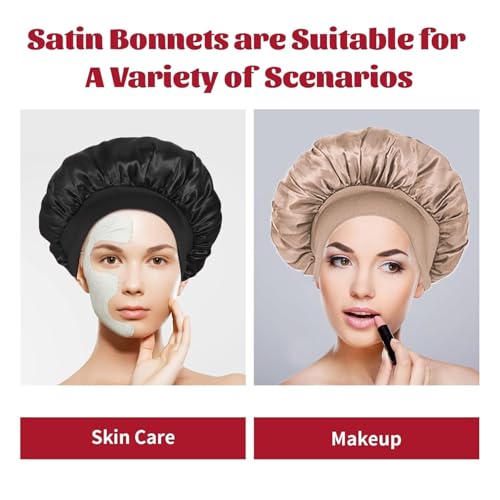2Pcs Silk Bonnet for Sleeping, Satin Hair Bonnets, Soft Elastic Band Silk Sleep Cap, Hair Wrap for Women (Black Gold)