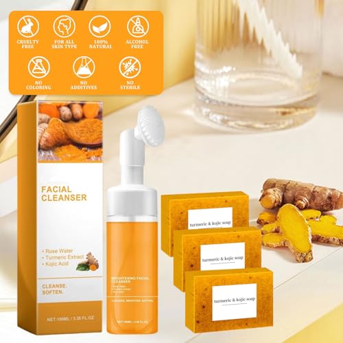 Turmeric Soap & Turmeric Face Wash Set, Honey Lemon Tumeric Kojic Soap Bar & Facial Cleanser Combo for Face & Body, Evens Skin Tone Deep Cleansing Moisturizing