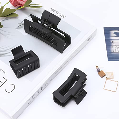 Shinowa 3 Pack Hair Claw Clips, Square Rectangular Claw Hair Clips for Women Girls, Non-slip Matte Large Medium Small Hair Clips, Strong Hold Jaw Clip for Thick Thin Hair, Black