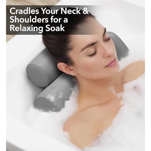 Everlasting Comfort Luxury Bath Pillows for Tub with Head and Neck Support - Non-Slip Bathtub Pillow with Suction Cups, Quick-Drying Mesh & Drying Hook - Jacuzzi & Spa Accessories for Women - Gray