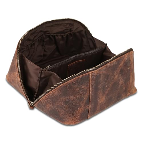 KomalC Luxury Leather Men¡¯s Toiletry Travel Bag ? Handmade Shaving Kit with Waterproof Interior, Spacious Storage & Carry Handle ? leather travel Kit Bag for Men & Women