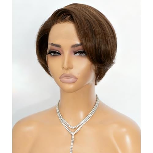 QUEEN VIRGIN REMY QVR Pixie Cut Wig Human Hair Straight Bob 13X4 Lace Front Wigs 6 Inch Side Part Short Pixie Wigs for Black Women Short Pre Cut Lace Wigs With Pre Plucked Highlights