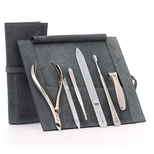 GERMANIKURE 6pc Manicure Set in Gray Suede Case - FINOX Stainless Steel Tools Made in Germany, Glass Nail Care Supplies Made in Czech Republic ? Professional Cuticle and Nail Care Kit
