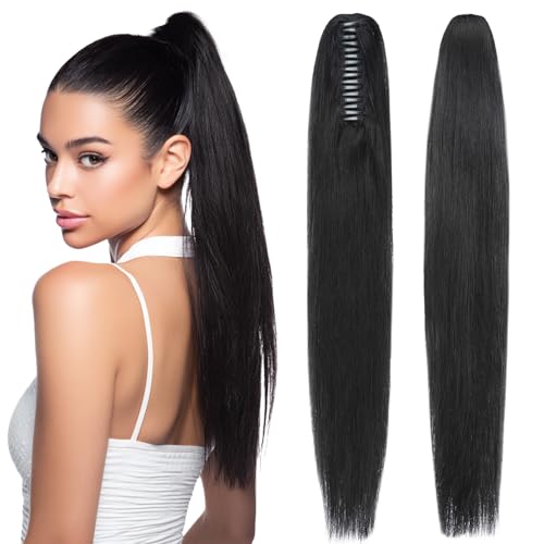 Human Hair Claw Clip Ponytail Extension 100% Real Human Hair Clip-In Extensions for Women Long Straight Pony Tails 22 Inches 120g #01 Jet Black