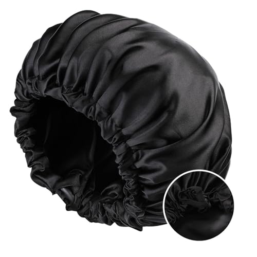 Satin Bonnet Silk Bonnet for Sleeping Women and Men, Ajustable Hair Bonnet for Curly Hair with Double Layer Hair Bonnet,Black - Black,Medium