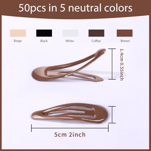 Teenitor 50Pcs Snap Hair Clips,2 Inch Hair Barrettes Hair Clips For Women, Metal Mixed Color, Hair Barrettes For Women Hair Snap Clips 5 Colors