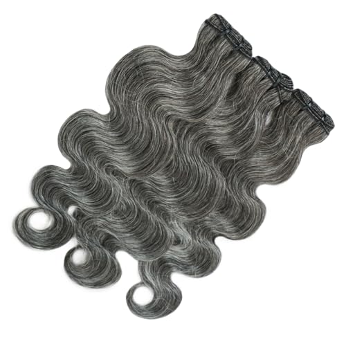 Grey Body Wave Bundles Human Hair 12 14 16 inch Salt and Pepper Human Hair Bundles 100% Unprocessed Virgin Human Hair Weave Extensions Natural Gray-White