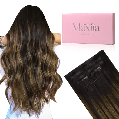 MAXITA Invisi Edge & Seamless Clip in Hair Extensions Real Human Hair, 18 in, 7pcs 110g Balayage Dark Brown Mixed Chestnut Brown,100% Remy Human Hair Extensions for Women