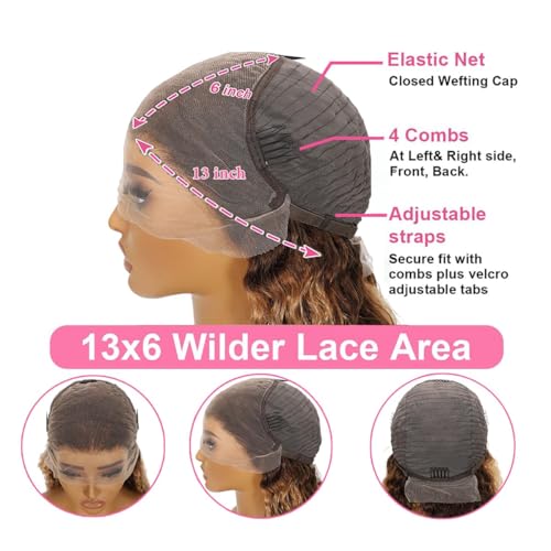 Highlight Ombre Lace Front Wig Human Hair Pre Plucked 13x6 HD Honey Blonde 4/27 Deep Wave Lace Frontal Wigs 200% Density Glueless Colored Wigs for Women Wet and Wavy Lace Front 28 Inch