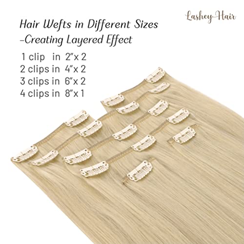 Clip in Hair Extensions Real Human Hair, 22 inch Ash Blonde to Golden Blonde and Platinum Blonde Lashey 120g 7pcs
