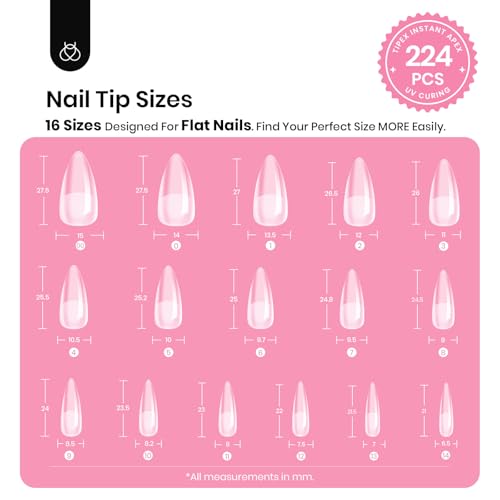 Beetles Tipex Instant Apex Nail Tips Kit, Medium Stiletto, 224 Pcs 16 Sizes Pre-Building Pre-Etched False Nail Tips with Tipex Nail Glue, Mini Nail Lamp