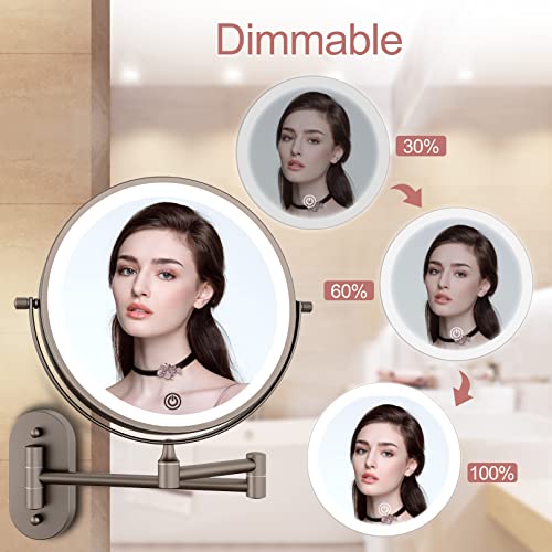 FASCINATE Rechargeable Wall Mounted Lighted Vanity Mirror 8 Inch 1X/10X Magnifying Makeup Mirror with 3 Color Lights, Double Sided Dimmable, 360 Degree Screen Touch,Bathroom Shaving Mirror (GunBlack)