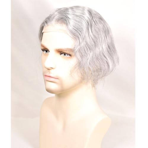 Men's Toupee 10"¡¿8" European Virgin Human Hair Toupee Hair pieces for Men Thin Skin Hair Replacement System Lace Front+ Mono Net with PU around Base for Men (#1b mix 80% grey synthetic hair)
