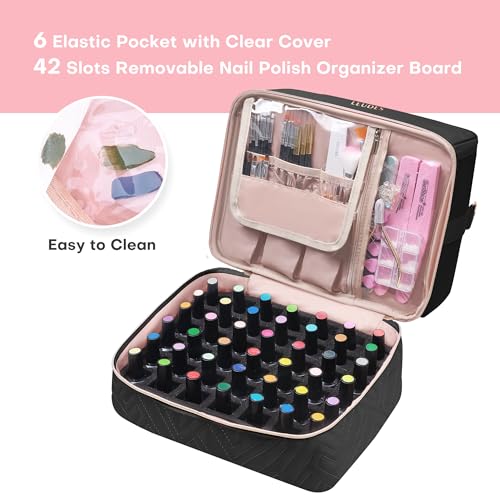 Leudes Nail Polish Organizer and Storage Holder 42 Bottles&Manicure Kit &Nail Lamp,Nail Stuff Bag Organizer Travel Case for Nail Tech Supplies Accessories Manicure Tools (Black)