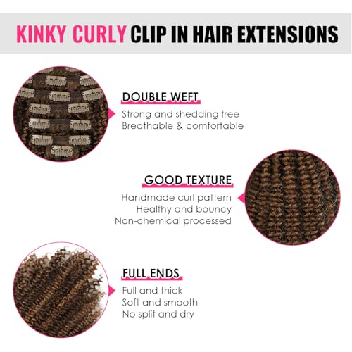 Curly Clip in Hair Extensions Real Human Hair Kinky Curly Clip ins Black Women #P4/27 Drak Brown Highlight Blonde Remy Human Hair Extensions Double Weft 7Pcs 120g 20 Inch