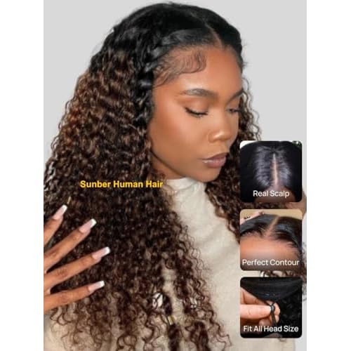 Sunber EasiContour V Part Human Hair Ombre Chestnut Brown Curly Glueless Wig Upgrade Vpart Wigs No Leave Out No Gel 180% Density V Shape Clip Wigs No Sew in Ready to Go Beginner Friendly 20Inch