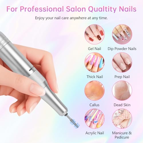 Electric Nail Drill - 45000RPM Portable Nail Drill?Rechargeable Nail E-File Kit with 11 Bits & Base?LED Screen?Ultra-Silent, Rechargeable Nail Drills Machine for Acrylic Nails Gel Polishing(White)