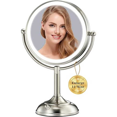 VESAUR 11.8" Extra Large 17" Tall Lighted Makeup Mirror, 1X/5X/10X 3-Sided Magnifying Mirror with 96 LEDs, 3 Color Dimmable Lights, 360¡Æ Swivel Dual Power Vanity Mirror, Nickel Finish - Great Gift