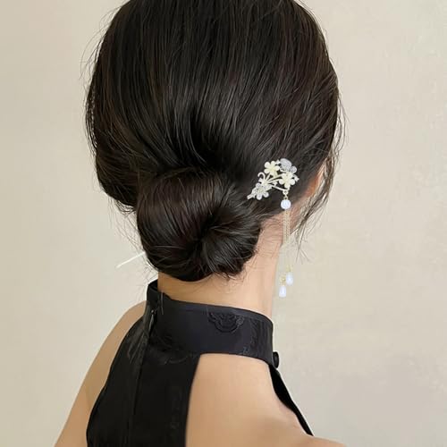 inSowni 8 Pieces Vintage Retro Asian Chinese Hanfu Gold Metal Hair Sticks Pins with Pearl Pendants Bamboo Leaf Flower Fishtail Hair Chopsticks Forks Bun Updo Holders Long Hairpins for Women Girls