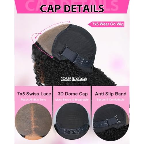 V SHOW Afro Kinky Curly Wear and Go Glueless Wigs Human Hair Pre Plucked Pre Cut 7x5 HD Lace Front Wigs Pre Bleached Bye Bye Knots 180% Density Afro Curly Lace Closure Wig Human Hair for Women 20 Inch