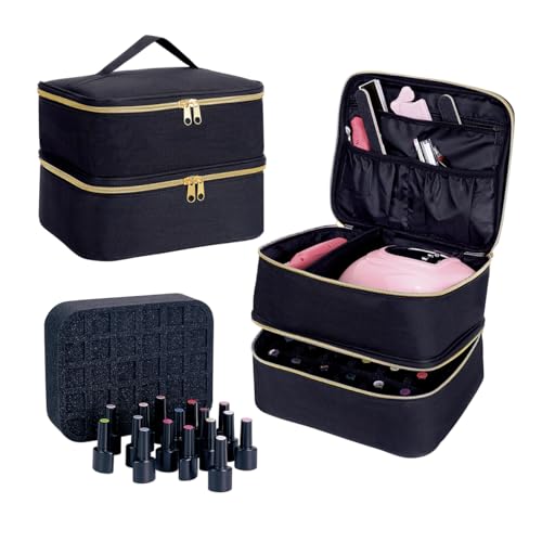 Nail Polish Organizer, Handheld Double Layer Organizer Holds 30 Bottles (15 ml/0.5 floz) with Adjustable Dividers for Nail Polish Small Manicure Lamp Manicure Tools Essential and Travel,Black