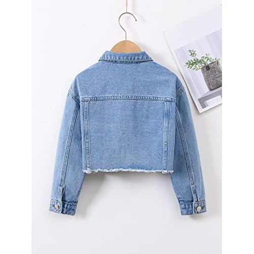 Verdusa Girl's Raw Hem Crop Denim Jacket Long Sleeve Shacket Single Breasted Spring Fall Outerwear