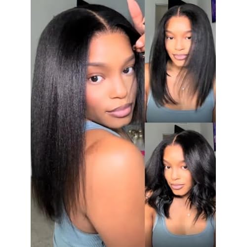 Julia Hair 14 Inch Yaki Straight Drawstring Wigs Human Hair Put On and Go Glueless Bob Wig 7x5 Bye Bye Knots Pre Plucked Pre-Cut Lace Closure Wig Beginner Friendly Black Short Yaki Bob Bleached Knots