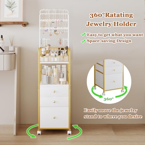 Makeup Organizer Cart with 3 Drawers, Jewelry Organizers and Storage for Earring Necklace, Large Vanity Storage Organizer for Skin Care Perfume Make up Brush Nail Polish Hair Tool (Gold)