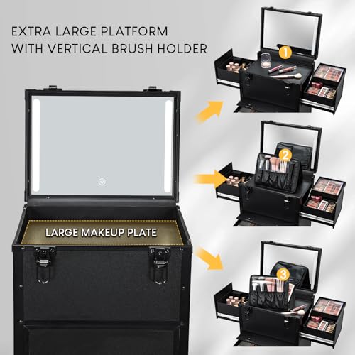 Rolling Makeup Case with lighted mirror, Cosmetology Case on Wheels with LED Mirror, Professional Salon Trolley Cart with Drawer,Travel Makeup Lockable Beauty Organizer with Live Stream Light