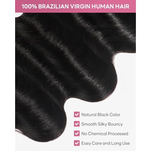 Body Wave Bundles Human Hair 100% Unprocessed Virgin Human Hair 3 Bundles 18 20 22 Inch No Tangle Shedding 10A Quick Weave Sew in Natural Black