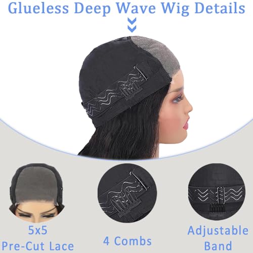 30Inch Glueless Wigs Human Hair Pre Cut 5x5 Deep Wave Lace Closure Wigs 180% Density Wear and Go Curly Wig for Black Women Natural Black Color Small Head Friendly