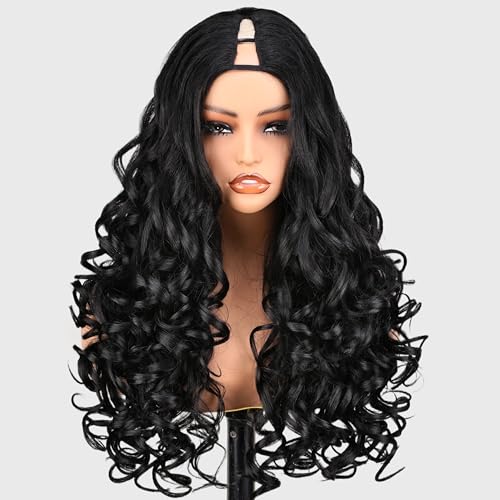 SOKU Long Curly V Part Wig 22 Inch Natural Black Curly Half Wig Upgrade U Part Synthetic Hair Daily Wigs Ready to Wear Glueless for Black Women