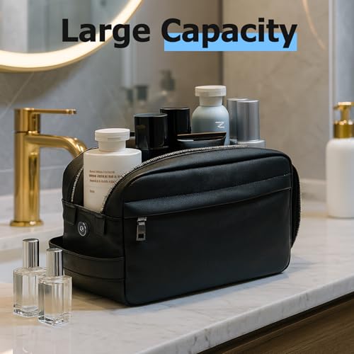 MIRASON Travel Toiletry Bag for Men Leather Travel Bag for Toiletries, Dopp Kit Water-resistant Shower Bag for Shaving Bathroom Organizer Gifts for Men, Black